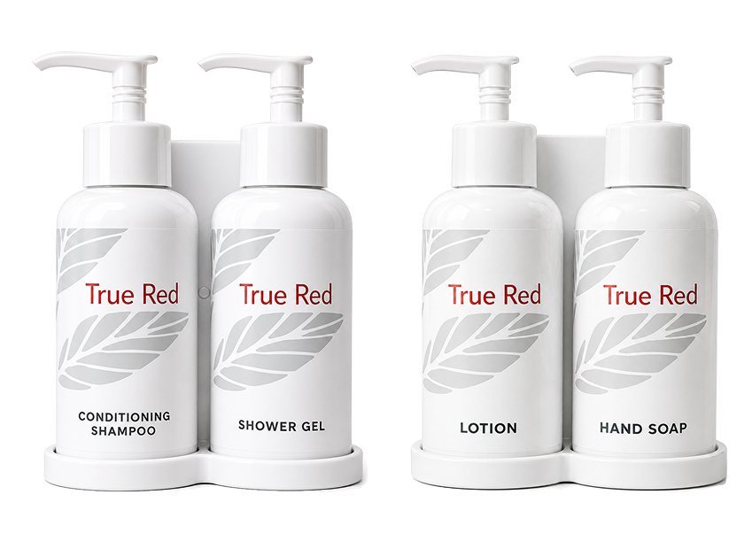 True Red lotion and hand soap bottles