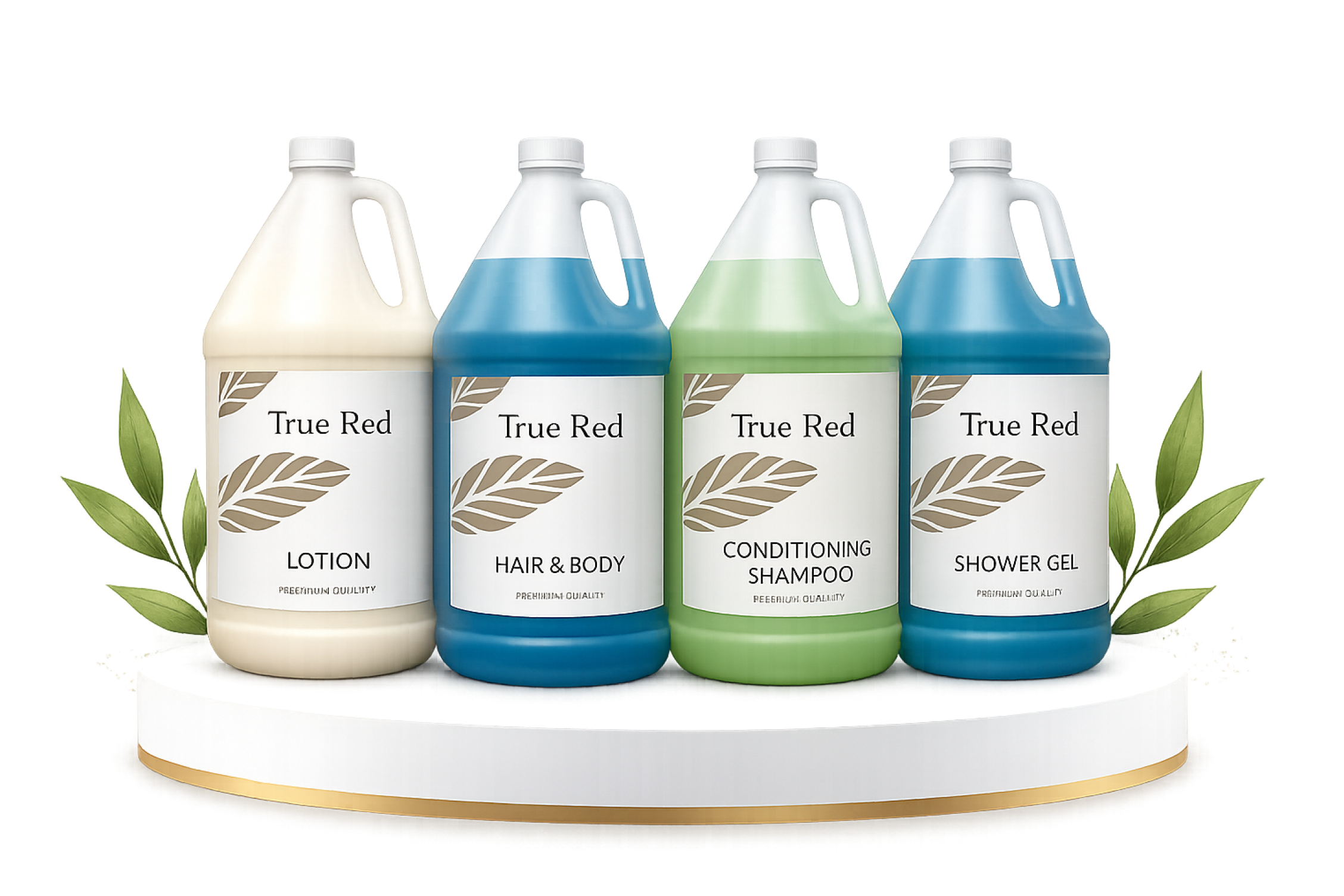 True Red amenity bottles
