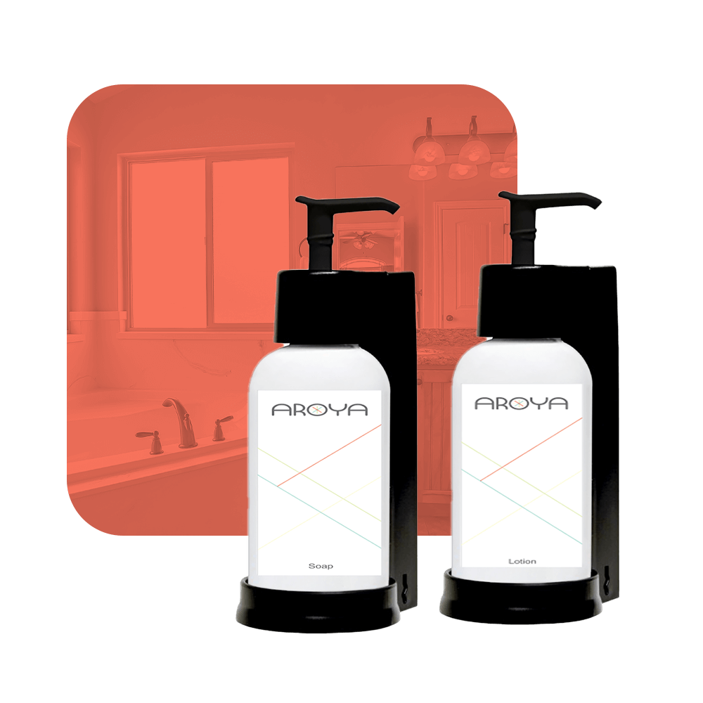 photo of aroya two-chamber wall-mounted hotel dispenser set, with individual units for Lotion and Hand Soap