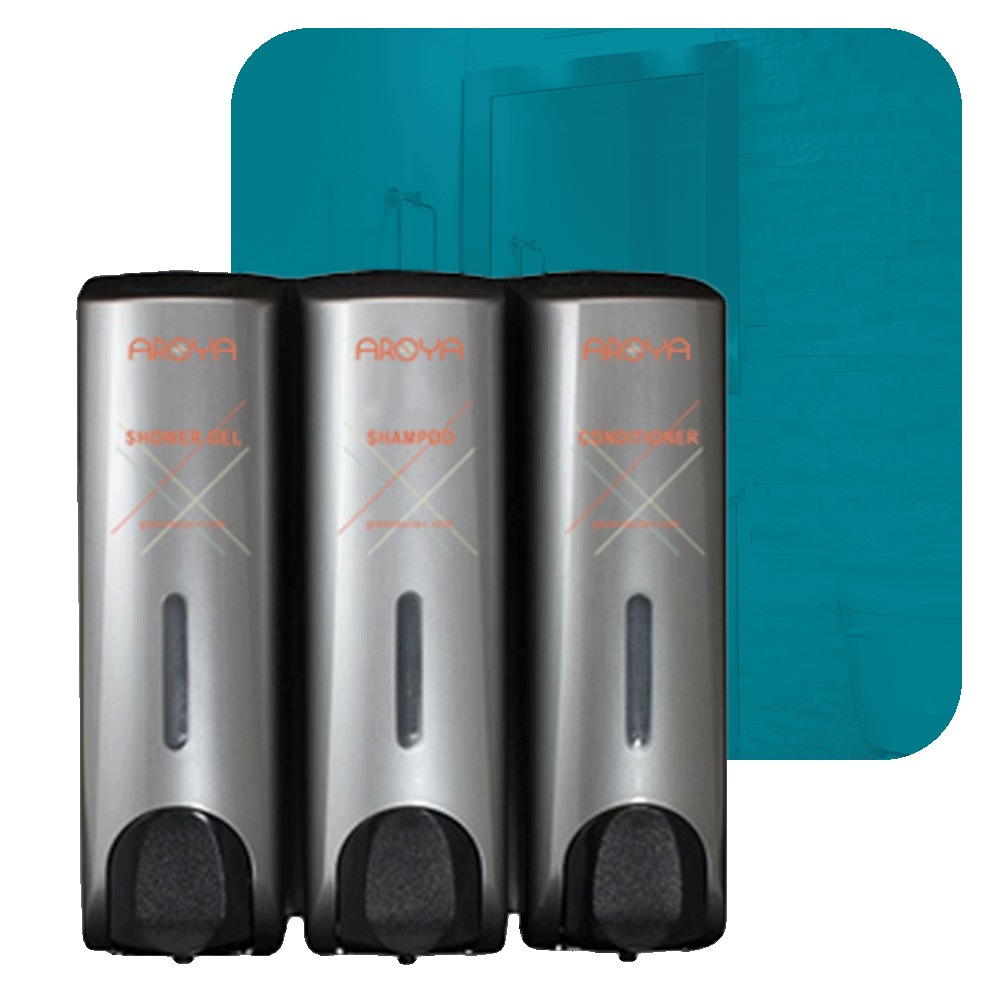 photo of aroya three-chamber wall-mounted hotel dispenser set, with individual units for Shower Gel, Shampoo, and Conditioner.