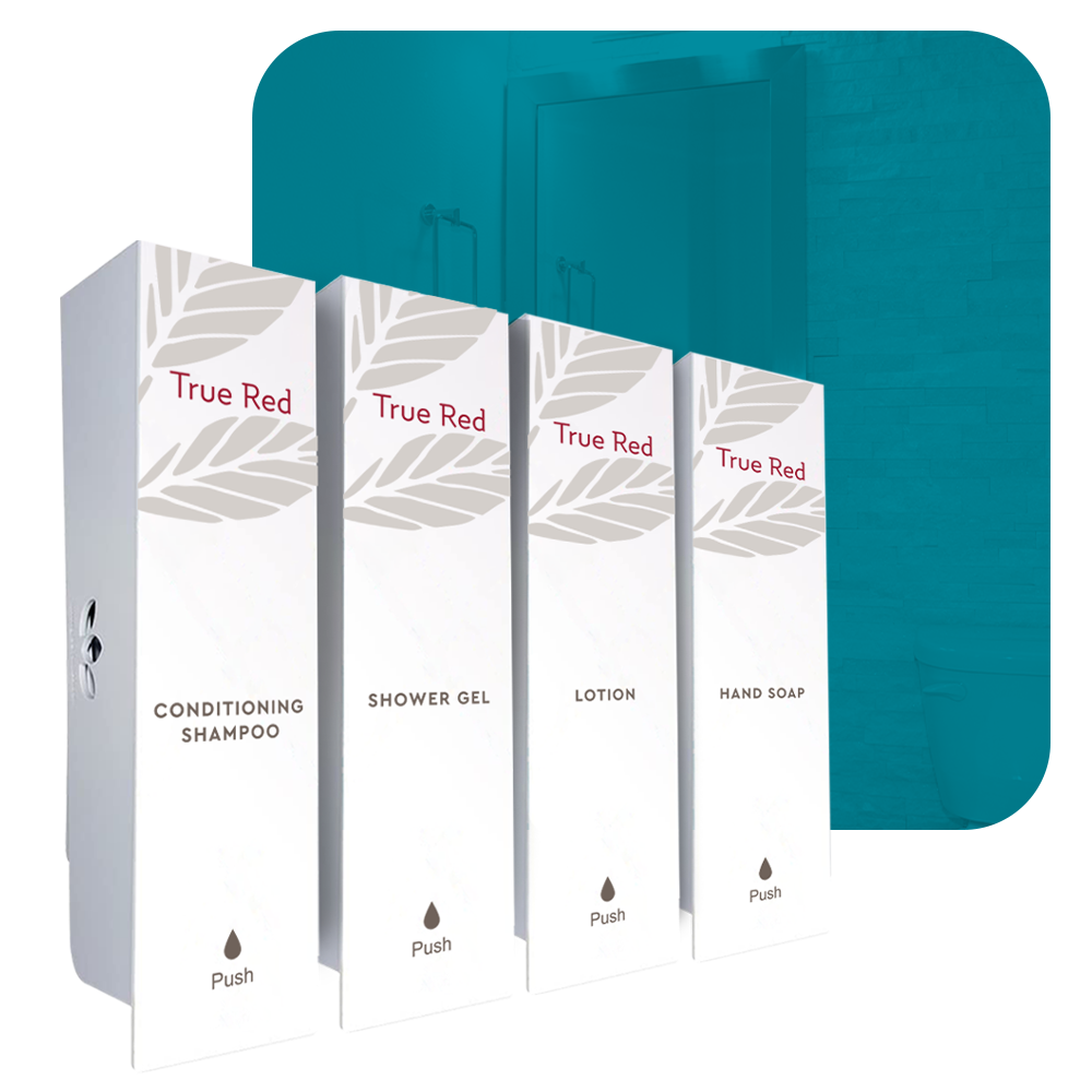 photo of true red four-chamber wall-mounted hotel dispenser set, with individual units for Shower Gel, Conditioning shampoo, lotion, and hand soap