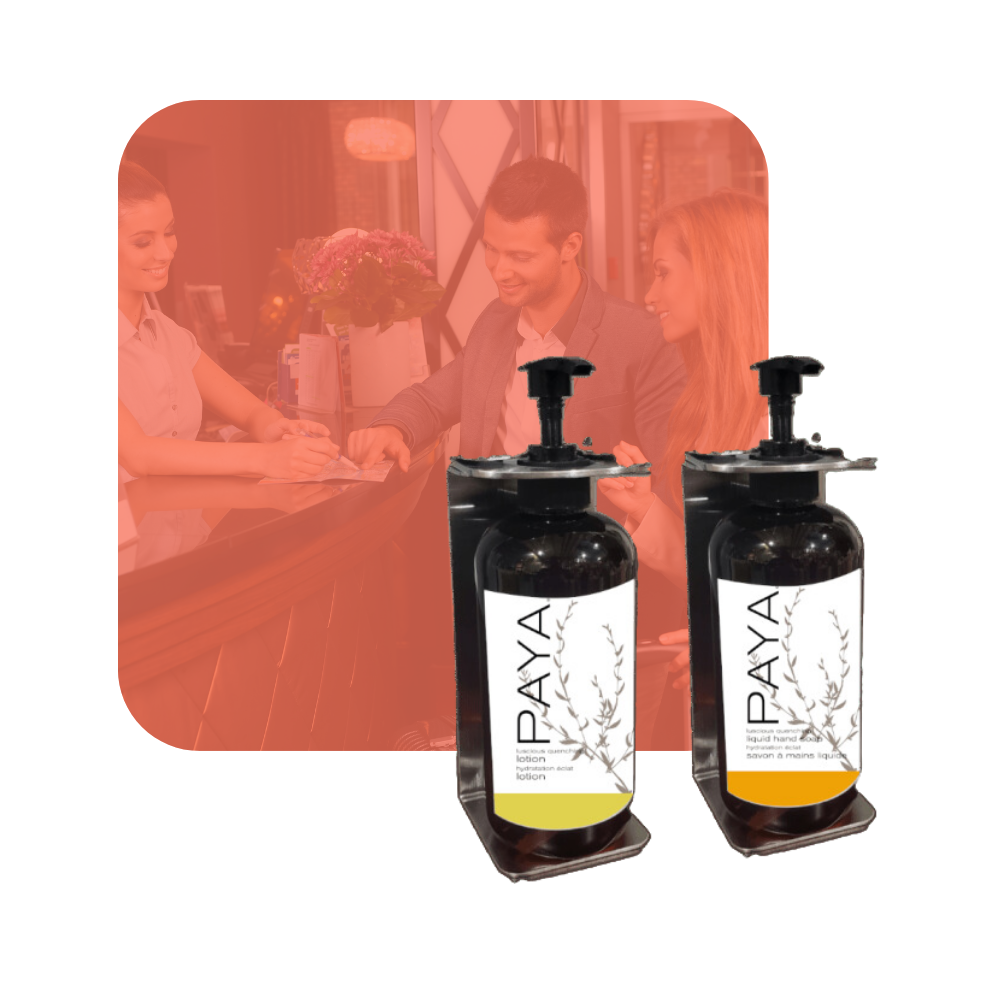 photo of paya wall-mounted hotel dispenser, with individual units for Hand Soap and Lotion