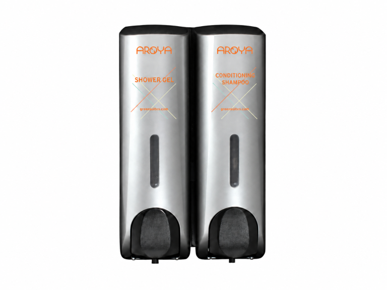 Aroya Slim Silver Finish Refillable Conditioning Shampoo & Shower Gel Dispenser Set