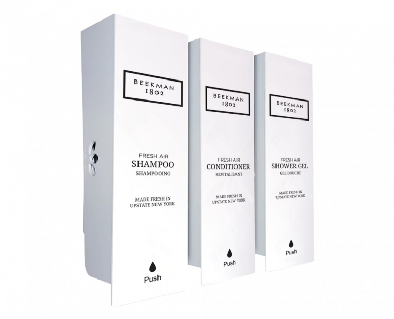 Beekman Fresh Air Odyssey White Shampoo, Conditioner & Shower Gel Refillable Dispenser Set
