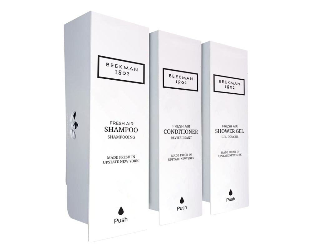 Beekman Fresh Air Odyssey White Shampoo, Conditioner & Shower Gel Refillable Dispenser Set