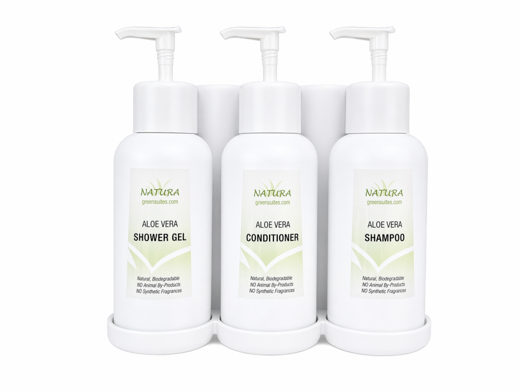 Natura Pump+ White 3 Chamber Shampoo, Conditioner, Shower Gel Dispenser Set