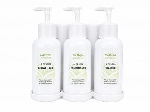 Natura Pump+ White 3 Chamber Shampoo, Conditioner, Shower Gel Dispenser Set