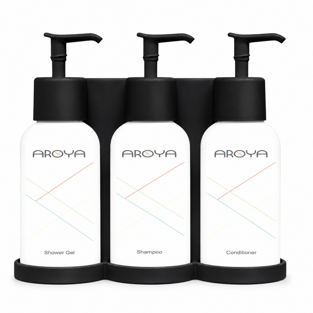 Aroya Pump+ Black 3 Chamber Shampoo, Conditioner, Shower Gel Dispenser Set