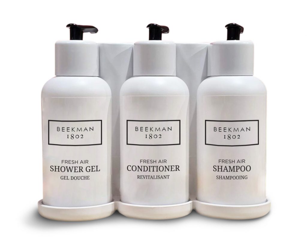 Beekman Pump+ White 3 Chamber Shampoo, Conditioner, Shower Gel Dispenser Set