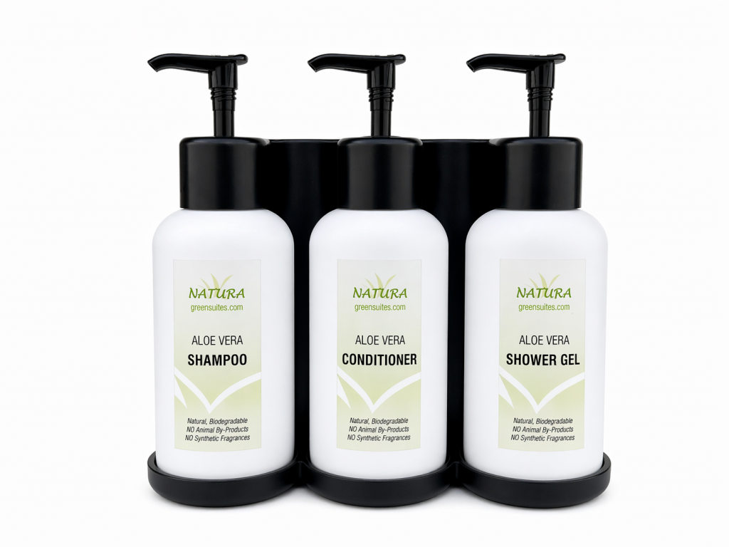 Natura Pump+ Black 3 Chamber Shampoo, Conditioner & Shower Gel Dispenser Set