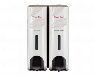 True Red Slim White Refillable Hand Soap & Lotion Dispenser Set