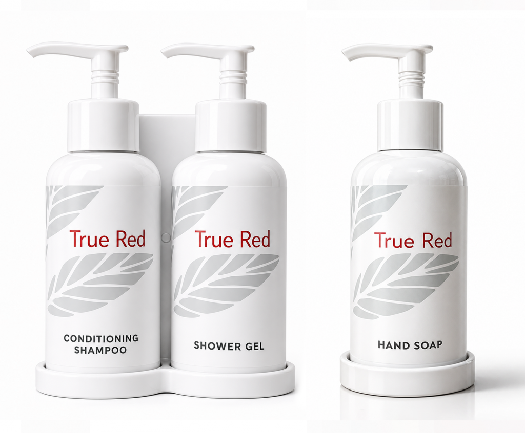 True Red Pump+ White Duo (Shampoo, Shower Gel) + Single (Hand Soap) Dispenser Set