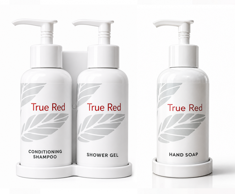 True Red Pump+ White Duo (Shampoo, Shower Gel) + Single (Hand Soap) Dispenser Set