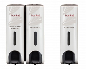 True Red Slim White Duo (Shampoo, Shower Gel) + Single (Hand Soap) Dispenser Set